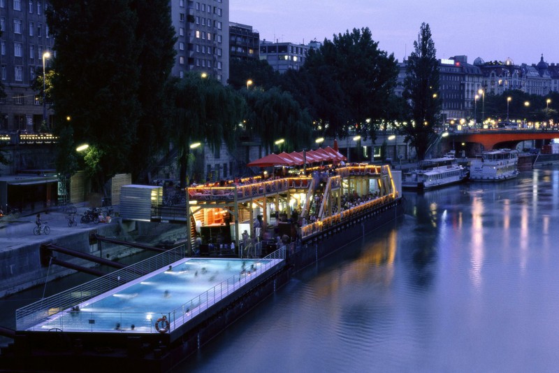 Badeschiff, boat danube canal, ship danube canal, boat vienna, urban garden, urban camping
